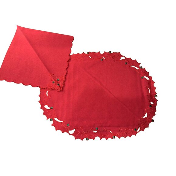 12pc New Waterford Christmas Red Napkins Placemats Linen MIP Poinsetta cutouts - Picture 2 of 11